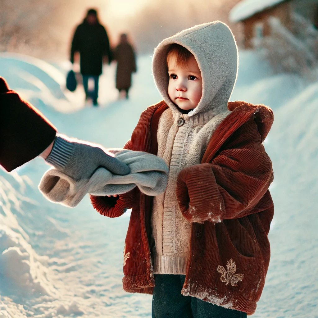 A young child standing in the snow, receiving a warm winter coat through the Coats for Kids program, highlighting the importance of helping children stay warm during winter